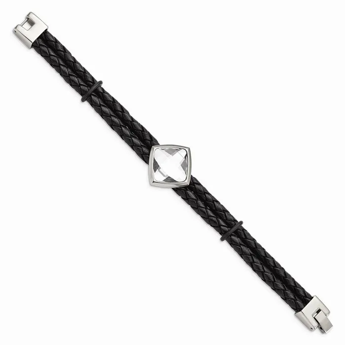 Bracelets Chisel Stainless Steel Polished with Glass Stone Braided Leather 8in Bracelet Bracelets Chisel Stainless Steel Polished with Glass Stone Braided Leather 8in Bracelet