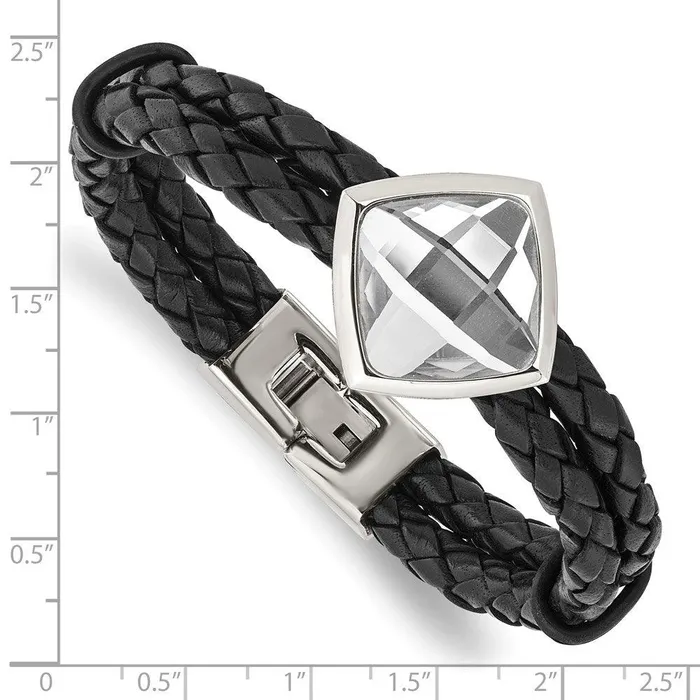 Bracelets Chisel Stainless Steel Polished with Glass Stone Braided Leather 8in Bracelet Bracelets Chisel Stainless Steel Polished with Glass Stone Braided Leather 8in Bracelet