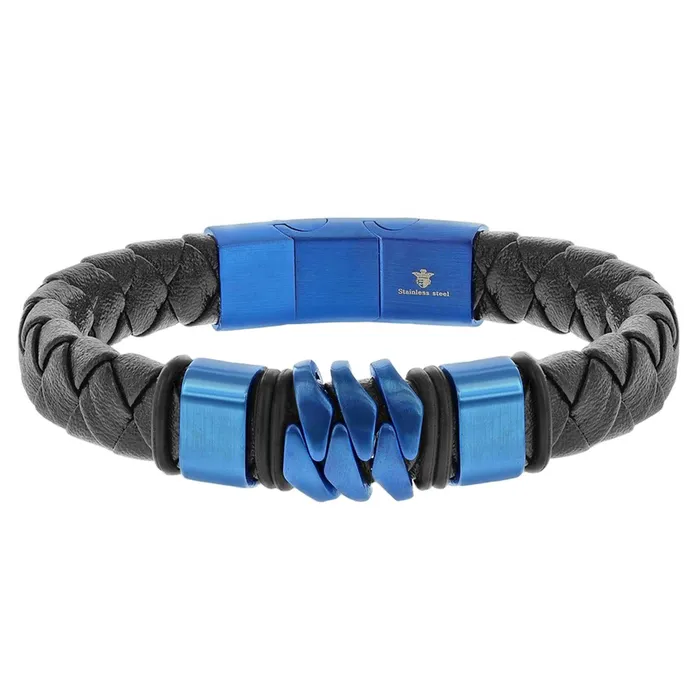 Bracelets Classic Mens Bracelet Blue Stainless Steel and Genuine Black Leather ST1620 Bracelets Classic Mens Bracelet Blue Stainless Steel and Genuine Black Leather ST1620