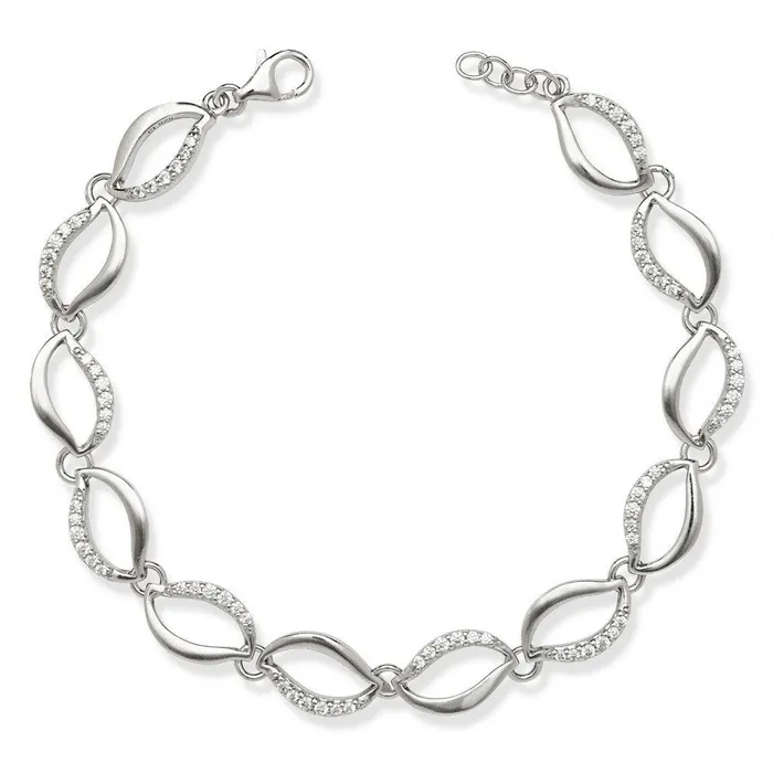 Bracelets Classic Sterling Silver Wavy Open Ovals Half CZ Bracelet