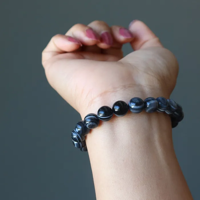 Bracelets Onyx Bracelet Black White Bullseye Victory Stones Satin Crystals