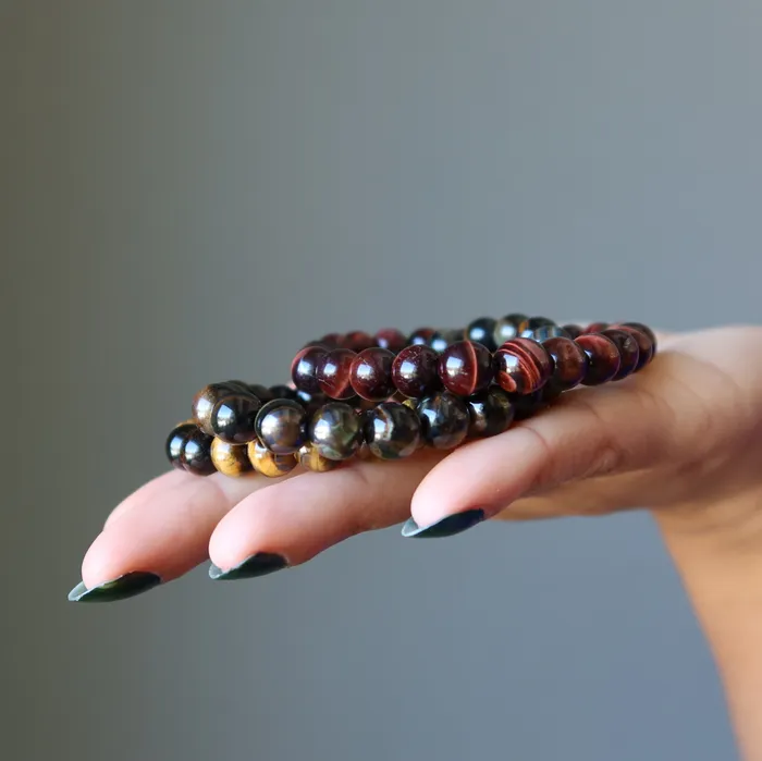 Bracelets Satin Crystals Tigers Eye Bracelet Set Hawks Brown Red Bravery Stones