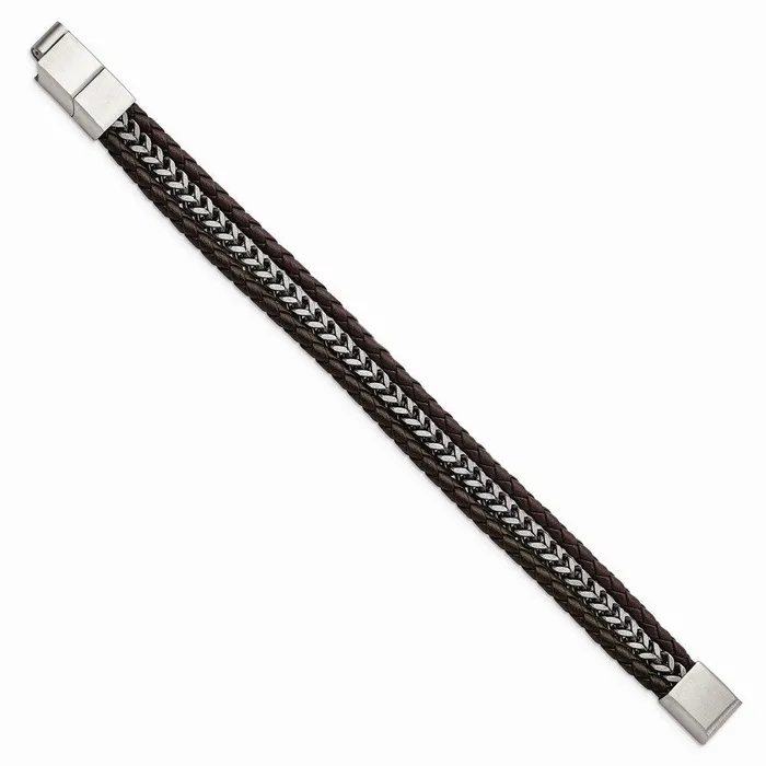 Bracelets Stainless Steel Antiqued and Brushed Brown Leather w5in ext Bracelet Chisel Bracelets Stainless Steel Antiqued and Brushed Brown Leather w5in ext Bracelet Chisel