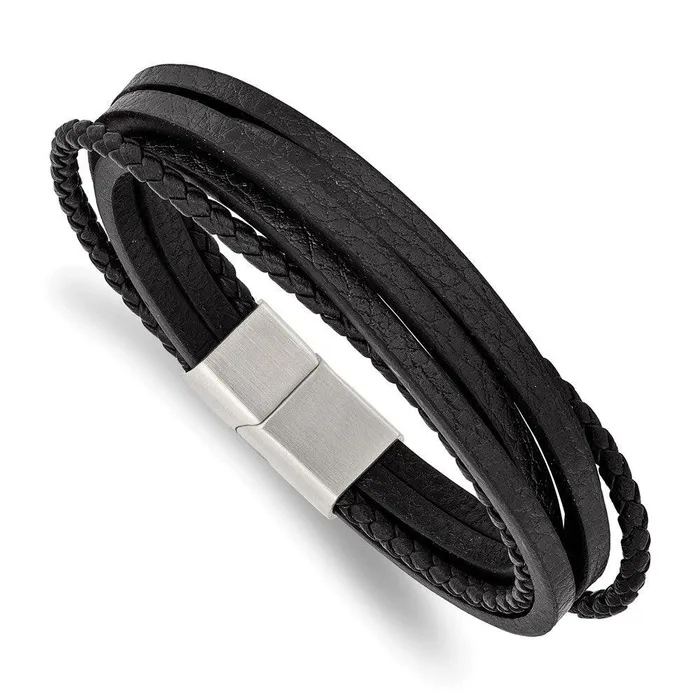 Bracelets Stainless Steel Brushed Black Leather Multi Strand 8in Bracelet Chisel Bracelets Stainless Steel Brushed Black Leather Multi Strand 8in Bracelet Chisel