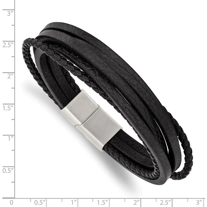 Bracelets Stainless Steel Brushed Black Leather Multi Strand 8in Bracelet Chisel Bracelets Stainless Steel Brushed Black Leather Multi Strand 8in Bracelet Chisel