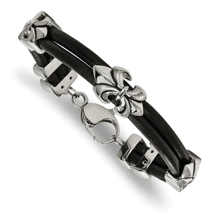 Bracelets Stainless Steel Polished Antiqued Fleur De Lis Black Leather Bracelet Chisel