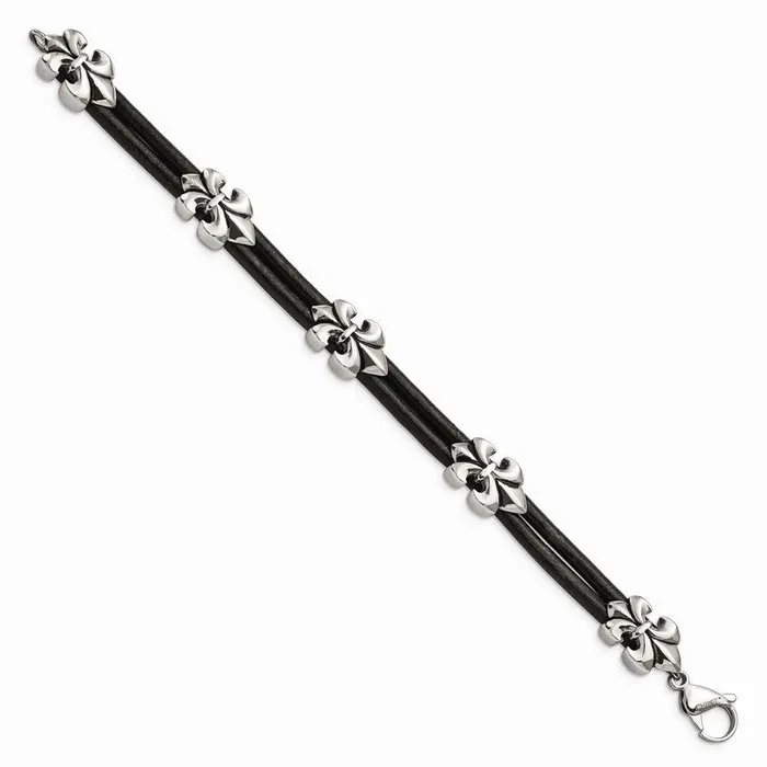 Bracelets Stainless Steel Polished Antiqued Fleur De Lis Black Leather Bracelet Chisel Bracelets Stainless Steel Polished Antiqued Fleur De Lis Black Leather Bracelet Chisel
