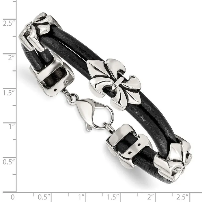 Bracelets Stainless Steel Polished Antiqued Fleur De Lis Black Leather Bracelet Chisel Bracelets Stainless Steel Polished Antiqued Fleur De Lis Black Leather Bracelet Chisel