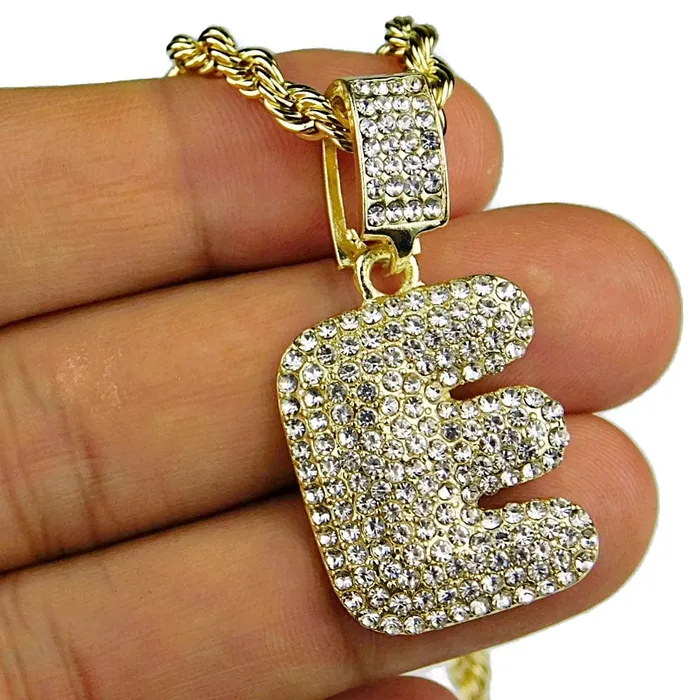 Bubble Letter E Gold Finish Rope Chain Necklace 24 Bling Cartel Admin Necklaces