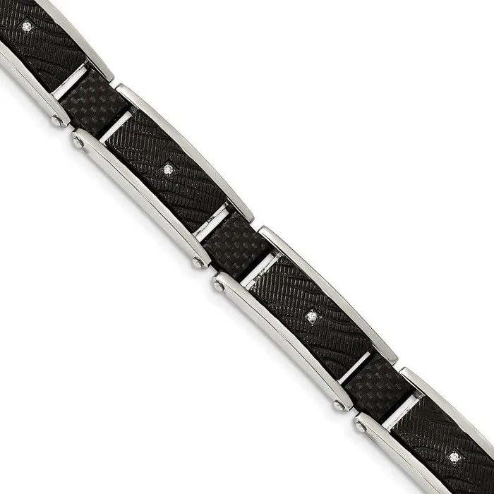 Chisel Bracelets Stainless Steel Polished Blk IP wCZ and Black Carbon Fiber 875in Bracelet Chisel Bracelets Stainless Steel Polished Blk IP wCZ and Black Carbon Fiber 875in Bracelet