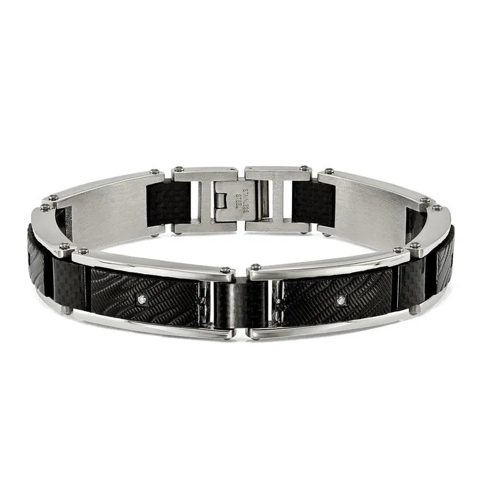 Chisel Bracelets Stainless Steel Polished Blk IP wCZ and Black Carbon Fiber 875in Bracelet Chisel Bracelets Stainless Steel Polished Blk IP wCZ and Black Carbon Fiber 875in Bracelet