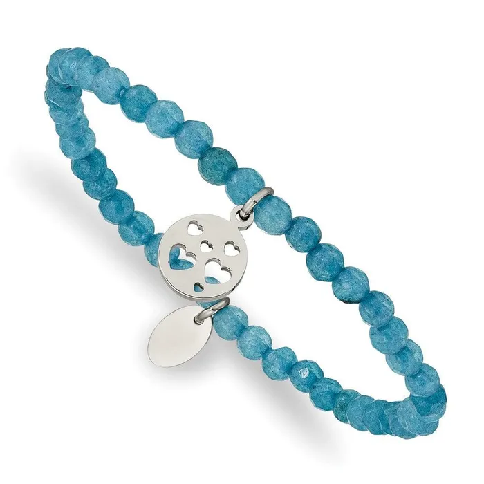 Chisel Bracelets Stainless Steel Polished Hearts Blue Jade Beaded Stretch Bracelet Chisel Bracelets Stainless Steel Polished Hearts Blue Jade Beaded Stretch Bracelet