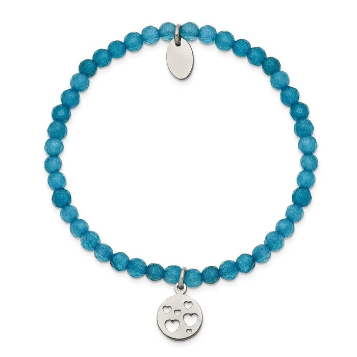 Chisel Bracelets Stainless Steel Polished Hearts Blue Jade Beaded Stretch Bracelet Chisel Bracelets Stainless Steel Polished Hearts Blue Jade Beaded Stretch Bracelet