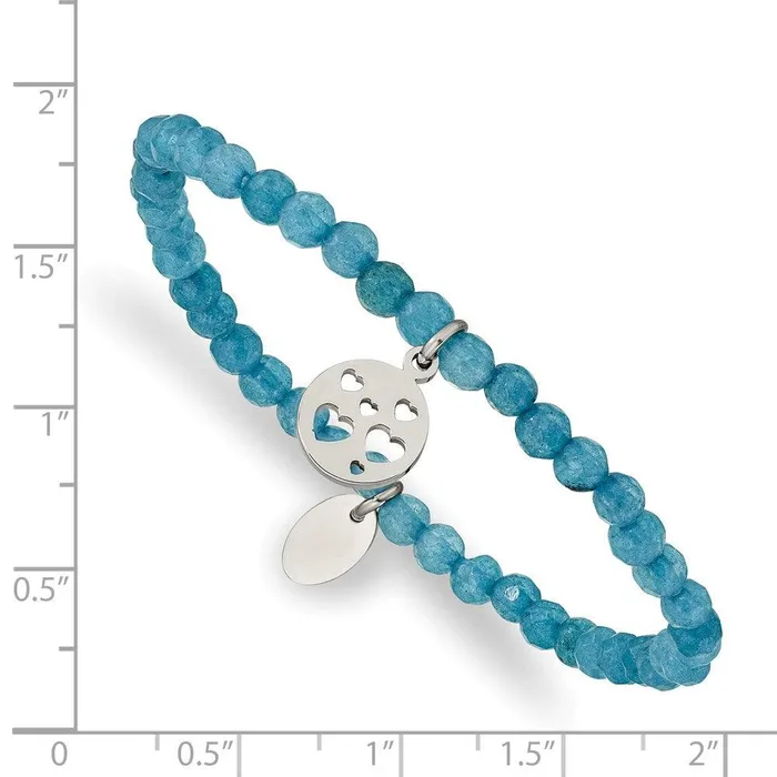Chisel Bracelets Stainless Steel Polished Hearts Blue Jade Beaded Stretch Bracelet Chisel Bracelets Stainless Steel Polished Hearts Blue Jade Beaded Stretch Bracelet