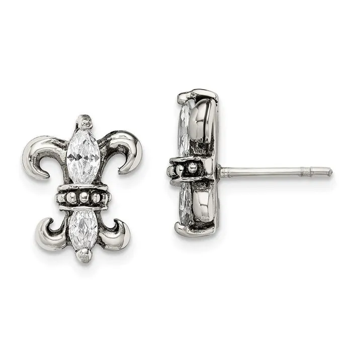Chisel Earrings Stainless Steel Antiqued Fleur de lis with CZ Post Earrings Chisel Earrings Stainless Steel Antiqued Fleur de lis with CZ Post Earrings