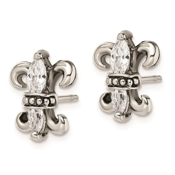 Chisel Earrings Stainless Steel Antiqued Fleur de lis with CZ Post Earrings Chisel Earrings Stainless Steel Antiqued Fleur de lis with CZ Post Earrings