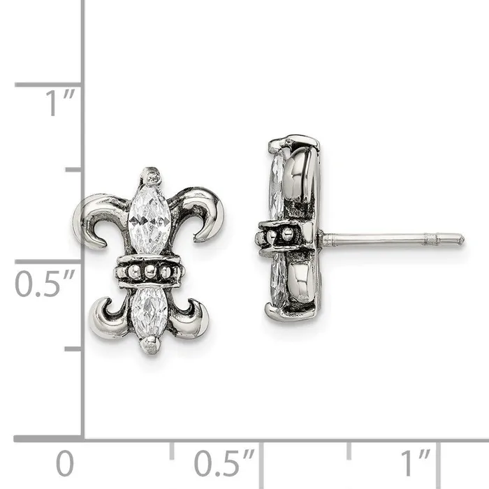 Chisel Earrings Stainless Steel Antiqued Fleur de lis with CZ Post Earrings Chisel Earrings Stainless Steel Antiqued Fleur de lis with CZ Post Earrings