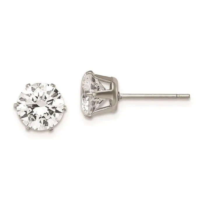 Chisel Earrings Stainless Steel Polished 7mm Round CZ Stud Post Earrings