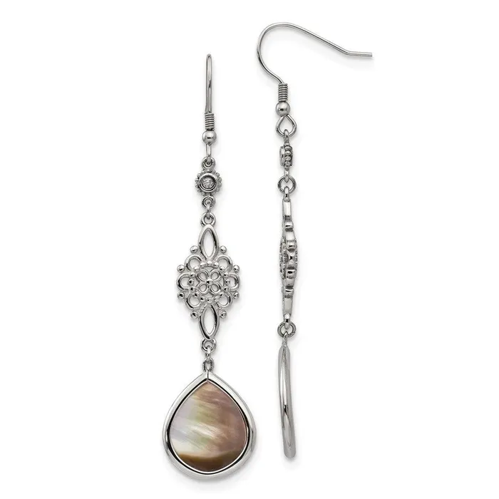 Chisel Earrings Stainless Steel Polished Black Mother of PearlCZ Dangle Earrings Chisel Earrings Stainless Steel Polished Black Mother of PearlCZ Dangle Earrings