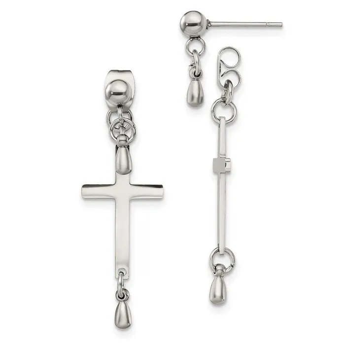 Chisel Earrings Stainless Steel Polished Cross Dangle Front and Back Post Earrings Chisel Earrings Stainless Steel Polished Cross Dangle Front and Back Post Earrings