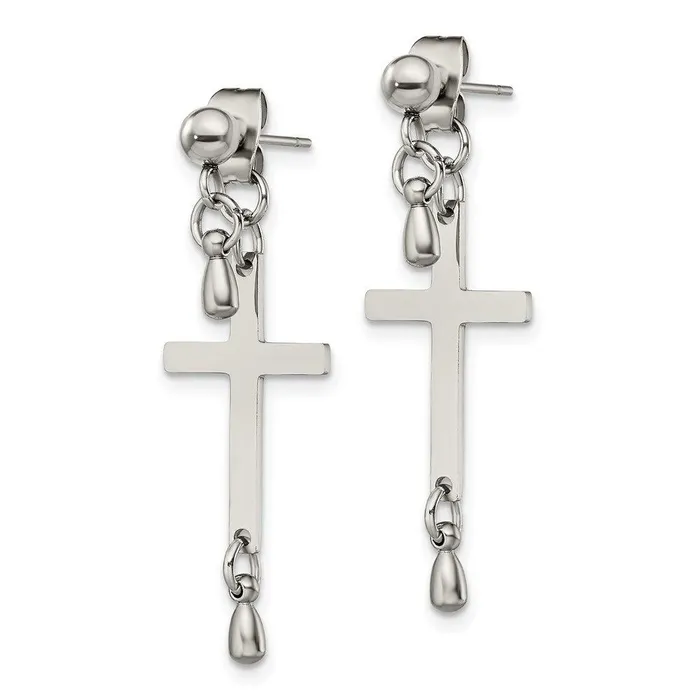 Chisel Earrings Stainless Steel Polished Cross Dangle Front and Back Post Earrings Chisel Earrings Stainless Steel Polished Cross Dangle Front and Back Post Earrings