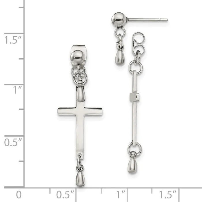 Chisel Earrings Stainless Steel Polished Cross Dangle Front and Back Post Earrings Chisel Earrings Stainless Steel Polished Cross Dangle Front and Back Post Earrings