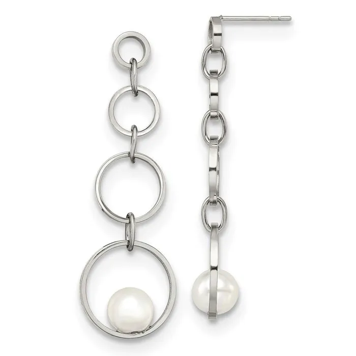 Chisel Earrings Stainless Steel Polished with Simulated Pearl Post Dangle Earrings Chisel Earrings Stainless Steel Polished with Simulated Pearl Post Dangle Earrings