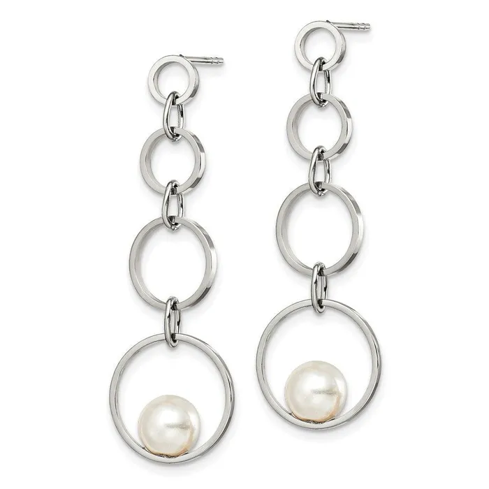 Chisel Earrings Stainless Steel Polished with Simulated Pearl Post Dangle Earrings Chisel Earrings Stainless Steel Polished with Simulated Pearl Post Dangle Earrings