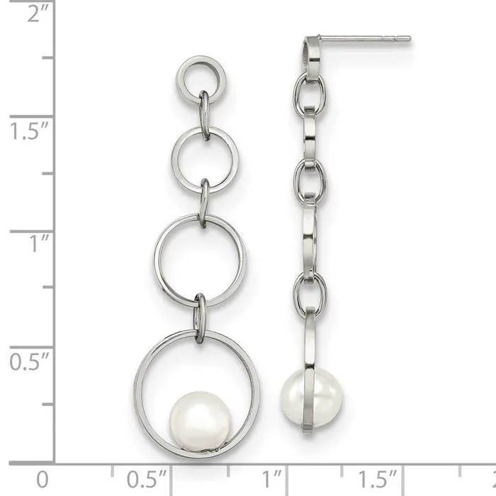 Chisel Earrings Stainless Steel Polished with Simulated Pearl Post Dangle Earrings Chisel Earrings Stainless Steel Polished with Simulated Pearl Post Dangle Earrings