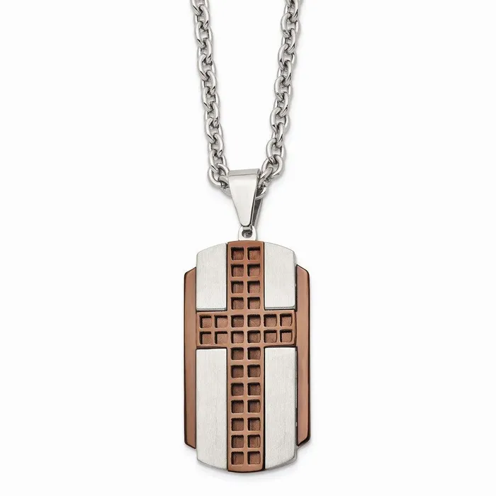 Chisel Necklaces Stainless Steel Brushed Polished Brown IPplated Cross Necklace