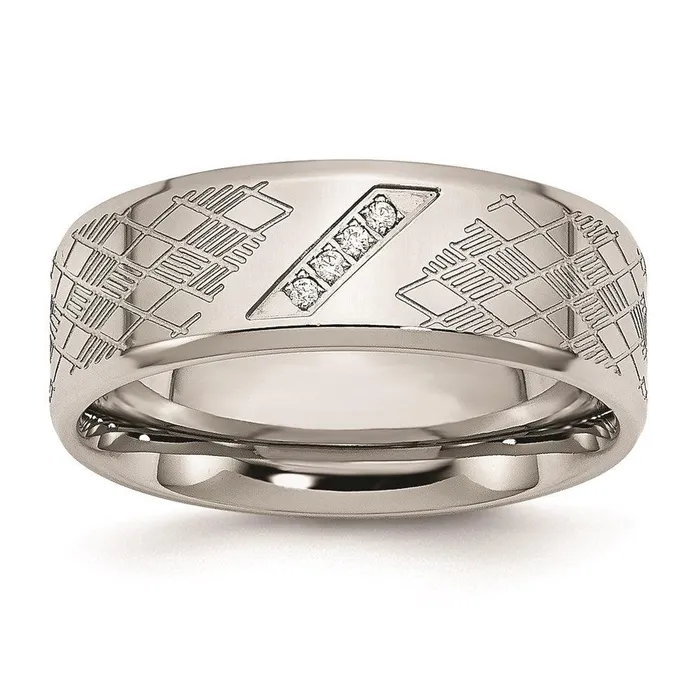 Chisel Rings Stainless Steel Polished Textured CZ Ring