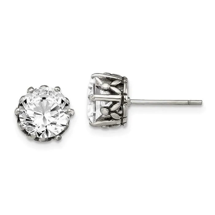 Chisel Stainless Steel Antiqued Round CZ Post Earrings Earrings