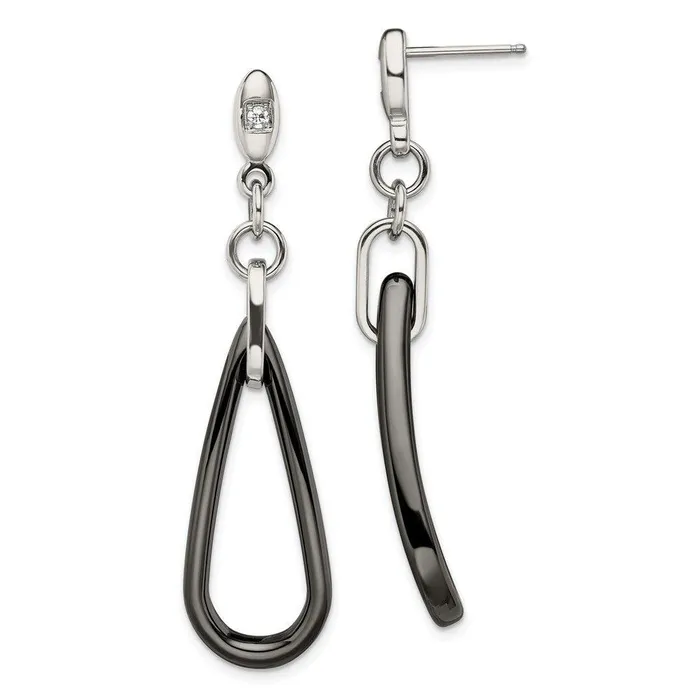 Chisel Stainless Steel Polished Black Ceramic CZ Dangle Post Earrings Earrings Chisel Stainless Steel Polished Black Ceramic CZ Dangle Post Earrings Earrings