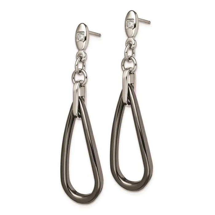 Chisel Stainless Steel Polished Black Ceramic CZ Dangle Post Earrings Earrings Chisel Stainless Steel Polished Black Ceramic CZ Dangle Post Earrings Earrings