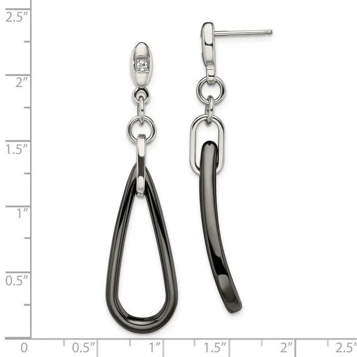 Chisel Stainless Steel Polished Black Ceramic CZ Dangle Post Earrings Earrings Chisel Stainless Steel Polished Black Ceramic CZ Dangle Post Earrings Earrings