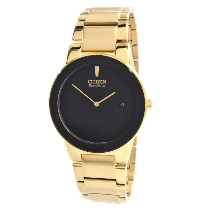 Citizen Bracelets Citizen AU106256E Mens Axiom EcoDrive Black Dial Gold Plated Steel Bracelet Watch