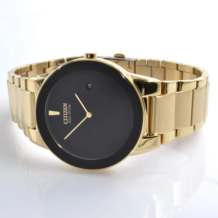 Citizen Bracelets Citizen AU106256E Mens Axiom EcoDrive Black Dial Gold Plated Steel Bracelet Watch