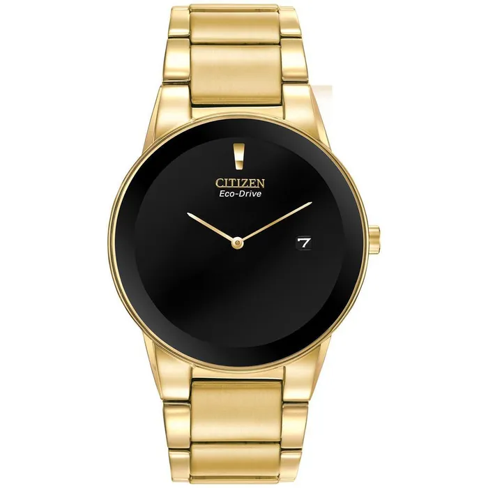 Citizen Bracelets Citizen AU106256E Mens Axiom EcoDrive Black Dial Gold Plated Steel Bracelet Watch