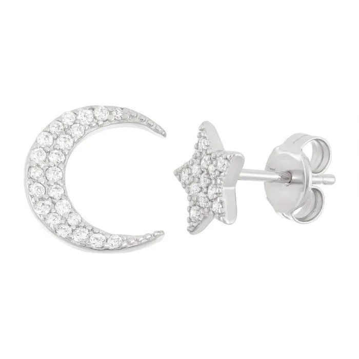 Classic Earrings Sterling Silver CZ Star and Moon Stud Earrings