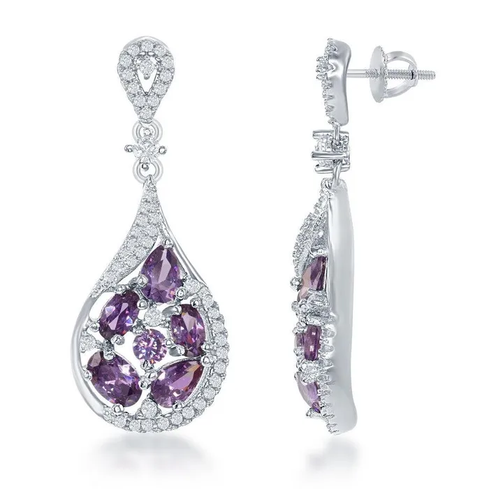 Classic Earrings Sterling Silver Purple CZ Teardrop Earrings