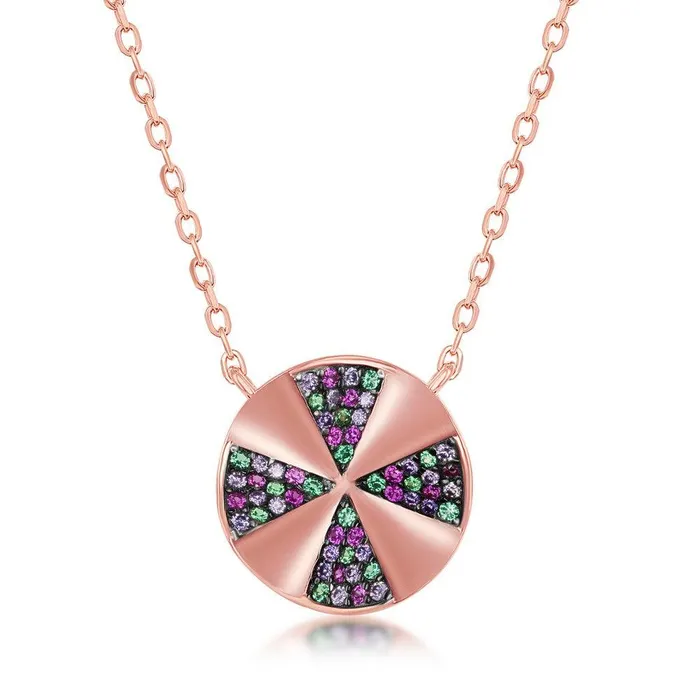 Classic Necklaces Sterling Silver Rose GP Rainbow CZ Designed Disc Necklace Classic Necklaces Sterling Silver Rose GP Rainbow CZ Designed Disc Necklace
