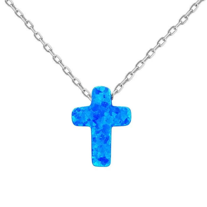 Classic Necklaces Sterling Silver Small Blue Opal Cross Necklace