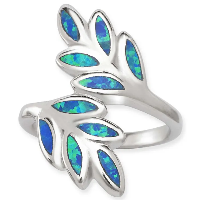 Classic Opalata Womens Blue Inlay Opal Double Leaf Ring W1397 Rings