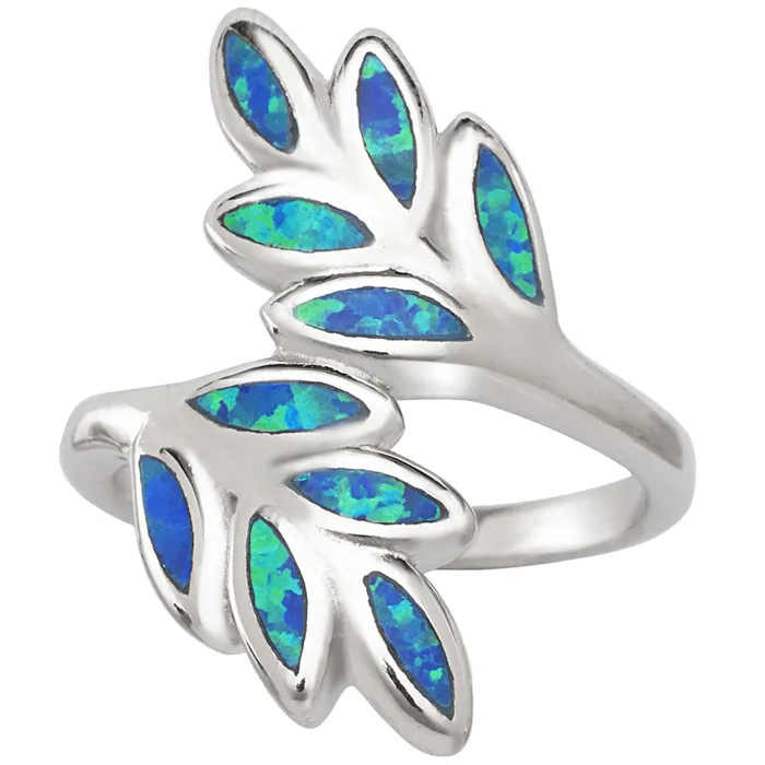 Classic Opalata Womens Blue Inlay Opal Double Leaf Ring W1397 Rings