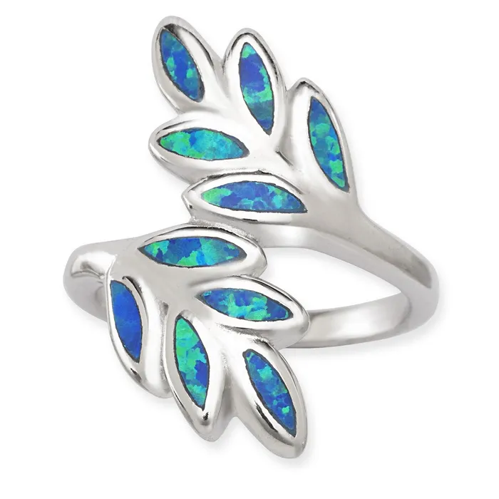 Classic Opalata Womens Blue Inlay Opal Double Leaf Ring W1397 Rings