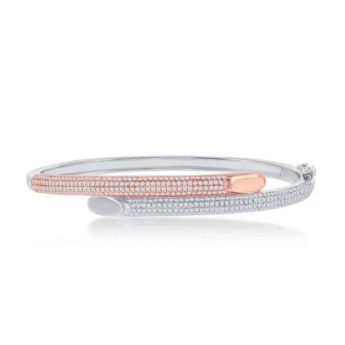 Classic Rings Sterling Silver Rose GP Micro Pave Bottom Flat Overlapping Bangle Classic Rings Sterling Silver Rose GP Micro Pave Bottom Flat Overlapping Bangle