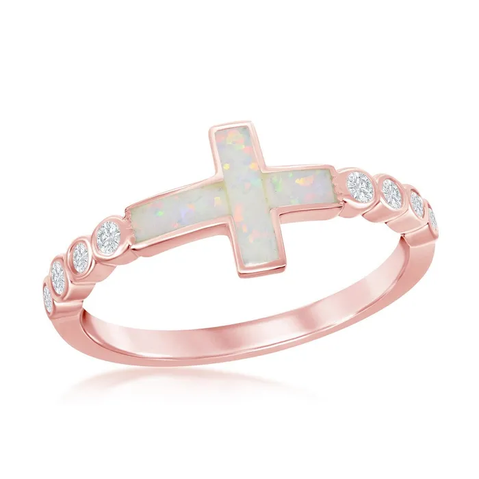 Classic Rings Sterling Silver Rose GP White Inlay Opal Cross CZ Ring W2260