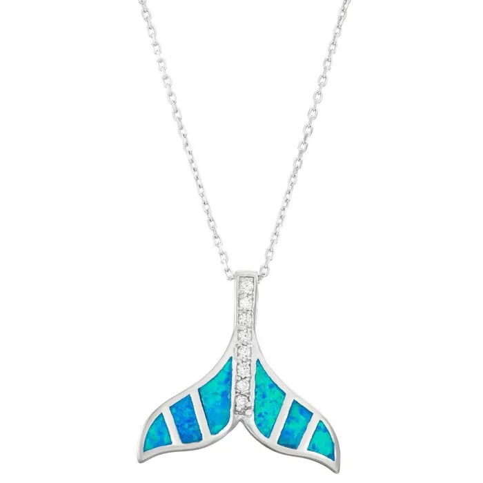 Classic Sterling Silver Blue Inlay Opal Whale Tail Pendant Necklaces