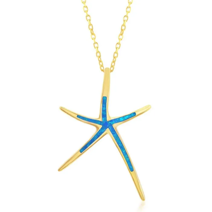 Classic Sterling Silver Gold Blue Inlay Starfish Pendant Necklaces