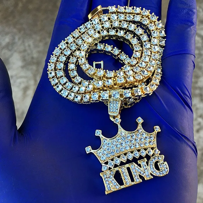 Crown King Iced Pendant Tennis Chain Gold Finish Necklace 24 Bling Cartel Admin Necklaces